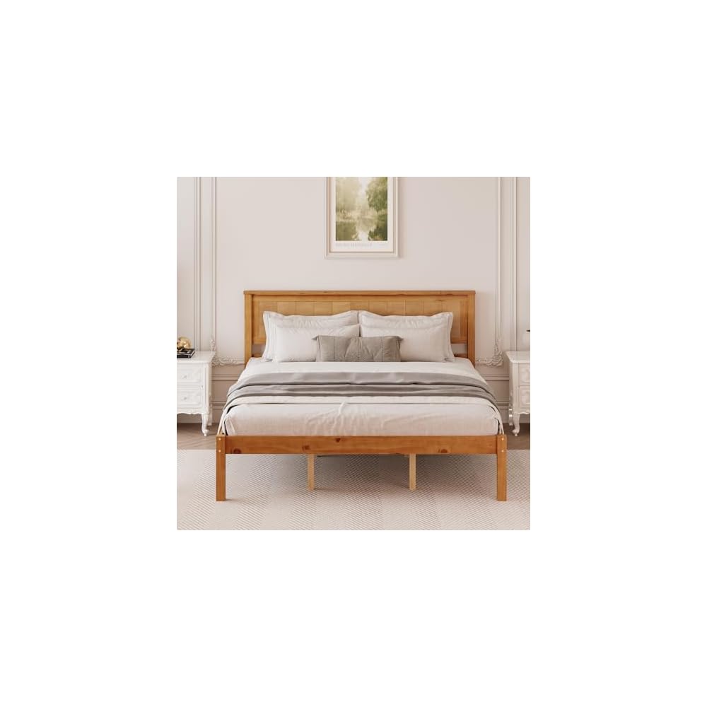 Queen Size Solid Wood Platform Bed Frame,Oak Color Pine Bed with Slatted Panel Headboard, Sturdy Wood Slat Support, Noise-Free, No Box Spring Required for Guest Room Kids Bedroom