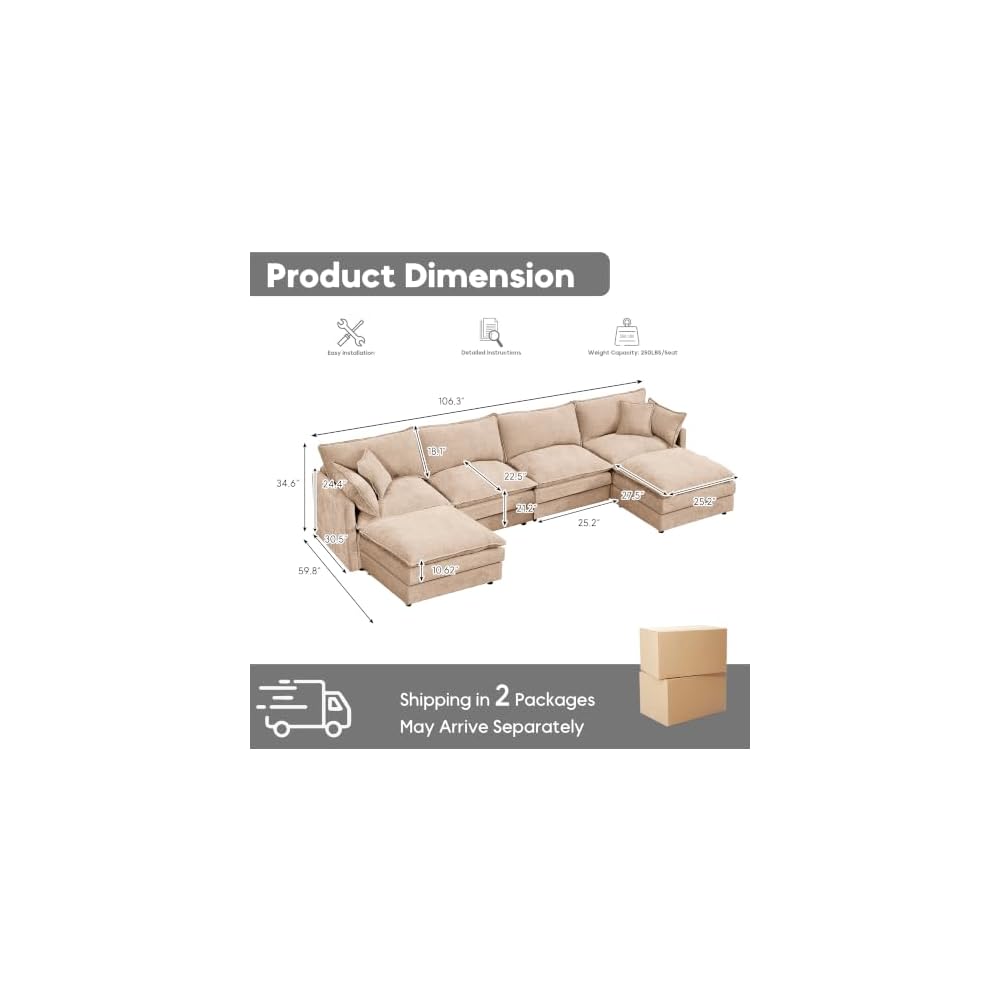 106.3" Modular Sectional Sofa U-Shaped Couch with Ottomans, Khaki