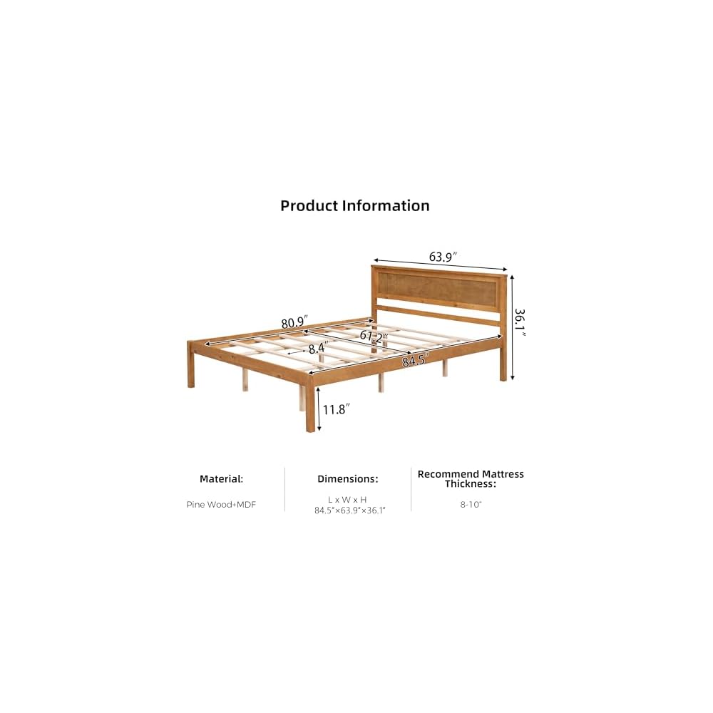 Queen Size Solid Wood Platform Bed Frame,Oak Color Pine Bed with Slatted Panel Headboard, Sturdy Wood Slat Support, Noise-Free, No Box Spring Required for Guest Room Kids Bedroom