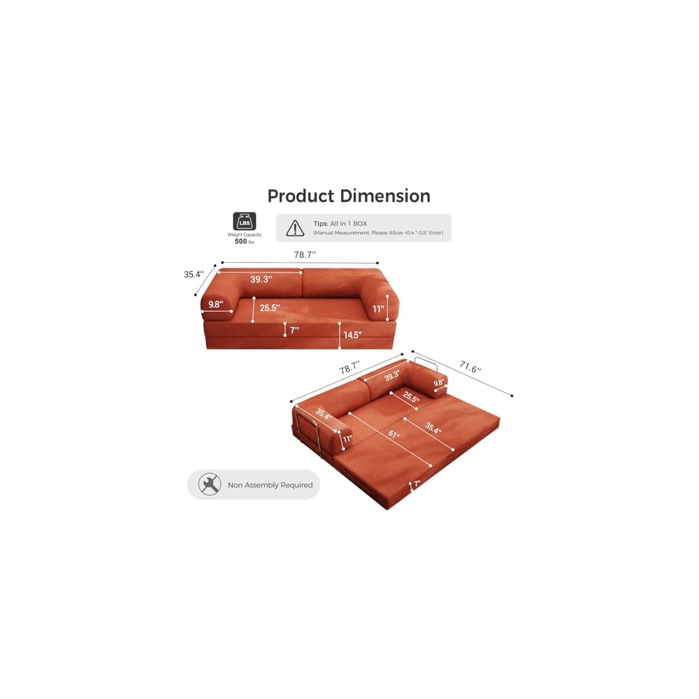 Folding Sofa Bed, Convertible Sleeper Couch, 78 Inch Oversized Corduroy Upholstered Boneless Couch, Loveseat Sleeper with Pull Out Bed, Floor Sofa Modular Futon Couch for Living Room Bedroom
