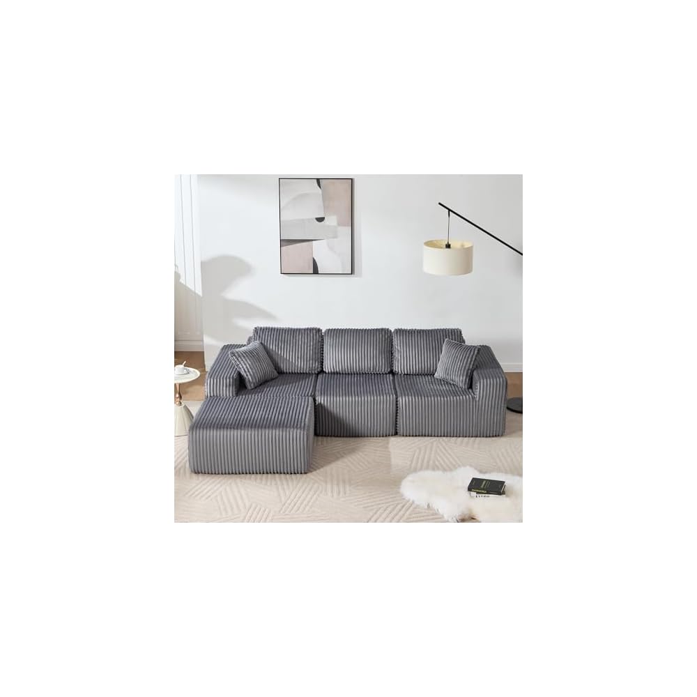 101.5'' Modular Sectional Sofa, Cloud Sectional Couch with Deep Seat, Comfy Fluffy L Shaped Couches, Memory Foam Sofa with 1 Ottoman, Corduroy Boneless Couch, No Assembly Required, Dark Gray
