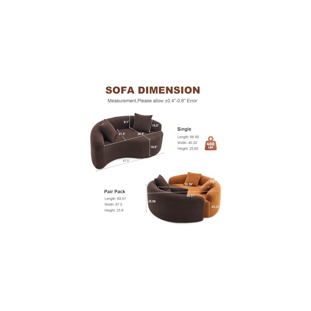 66.9'' Modular Sectional Loveseat, Chenille Upholstered Boneless Curved Loveseat with Deep Seat,Combination Round Sofa for Coffee Shop, Game Room, Office (Brown, 66.9 Inch)