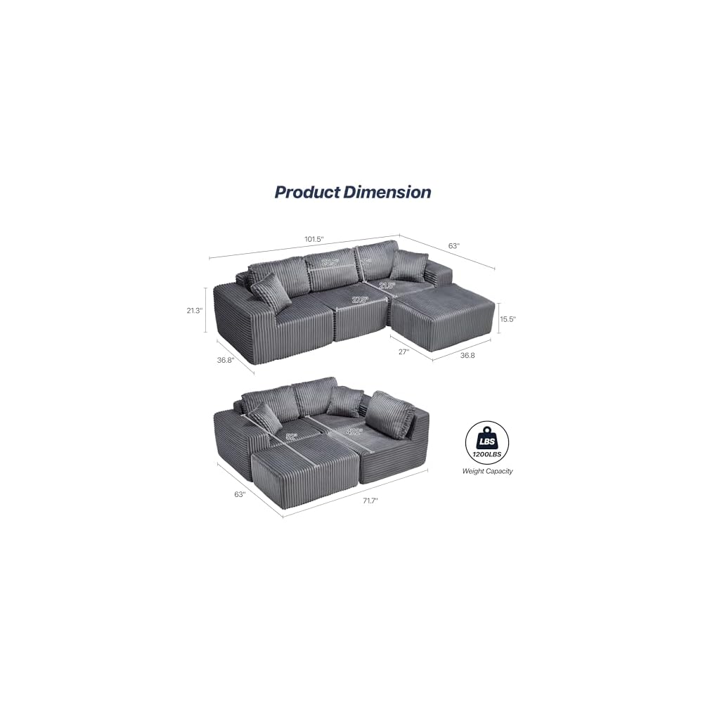 101.5'' Modular Sectional Sofa, Cloud Sectional Couch with Deep Seat, Comfy Fluffy L Shaped Couches, Memory Foam Sofa with 1 Ottoman, Corduroy Boneless Couch, No Assembly Required, Dark Gray