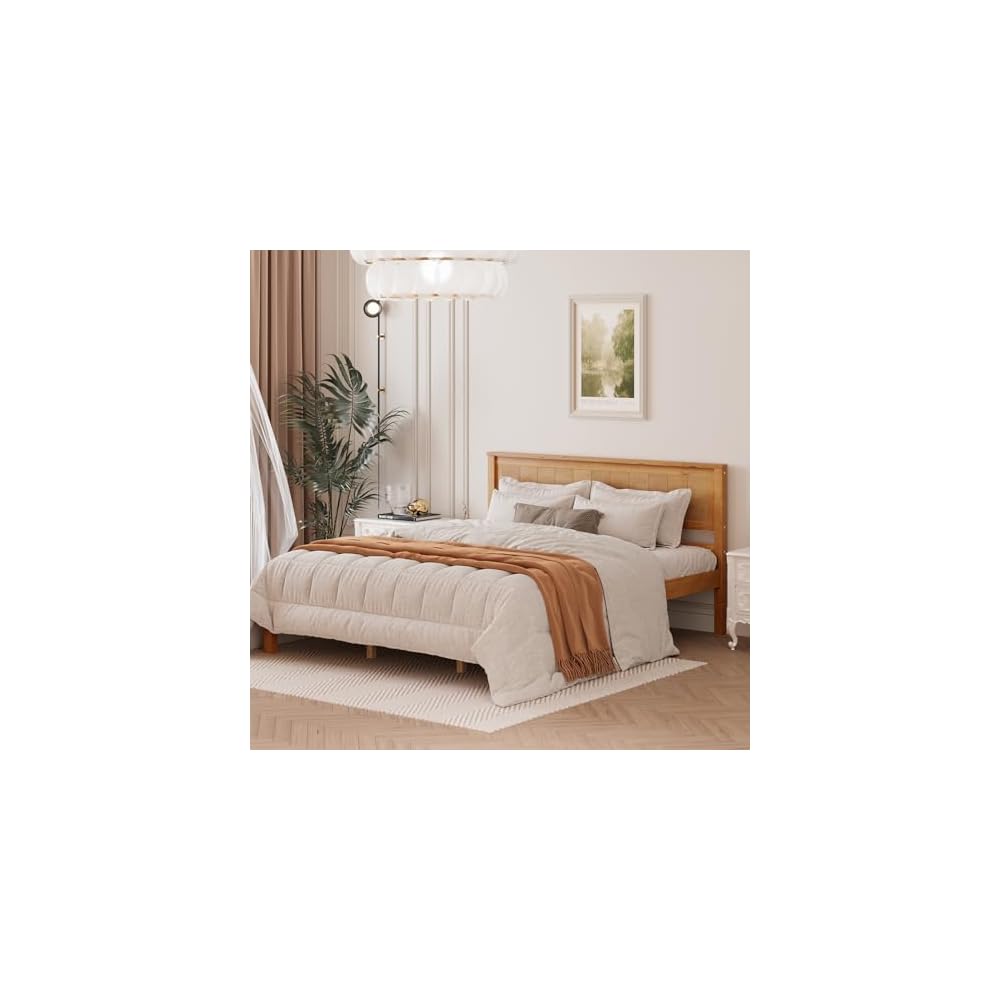 Queen Size Solid Wood Platform Bed Frame,Oak Color Pine Bed with Slatted Panel Headboard, Sturdy Wood Slat Support, Noise-Free, No Box Spring Required for Guest Room Kids Bedroom