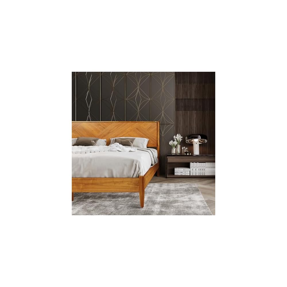 Panthera Bed Frame with Artistic High Headboard Solid Wood Platform Bed 800lbs Capacity, Premium Natural Wood Bed Support All Mattresses, Noiseless Slats Support, King Bed Frame, Caramel