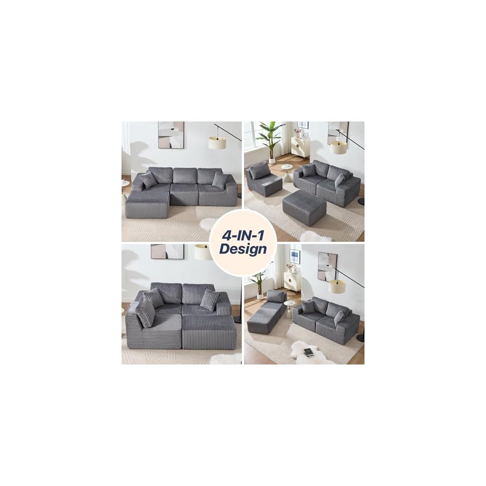 101.5'' Modular Sectional Sofa, Cloud Sectional Couch with Deep Seat, Comfy Fluffy L Shaped Couches, Memory Foam Sofa with 1 Ottoman, Corduroy Boneless Couch, No Assembly Required, Dark Gray