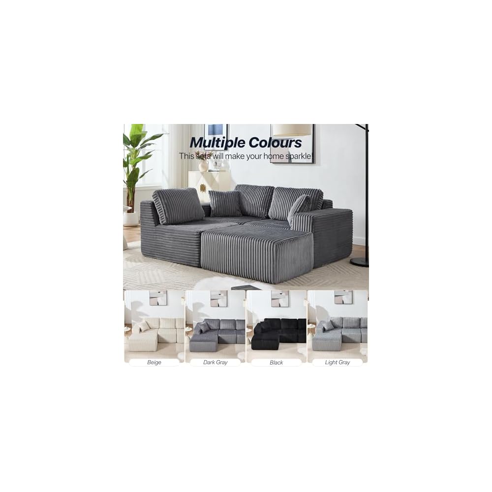 101.5'' Modular Sectional Sofa, Cloud Sectional Couch with Deep Seat, Comfy Fluffy L Shaped Couches, Memory Foam Sofa with 1 Ottoman, Corduroy Boneless Couch, No Assembly Required, Dark Gray