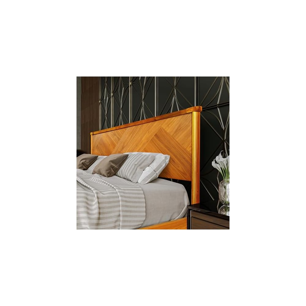 Panthera Bed Frame with Artistic High Headboard Solid Wood Platform Bed 800lbs Capacity, Premium Natural Wood Bed Support All Mattresses, Noiseless Slats Support, King Bed Frame, Caramel