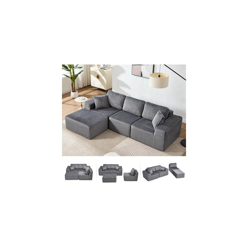 101.5'' Modular Sectional Sofa, Cloud Sectional Couch with Deep Seat, Comfy Fluffy L Shaped Couches, Memory Foam Sofa with 1 Ottoman, Corduroy Boneless Couch, No Assembly Required, Dark Gray