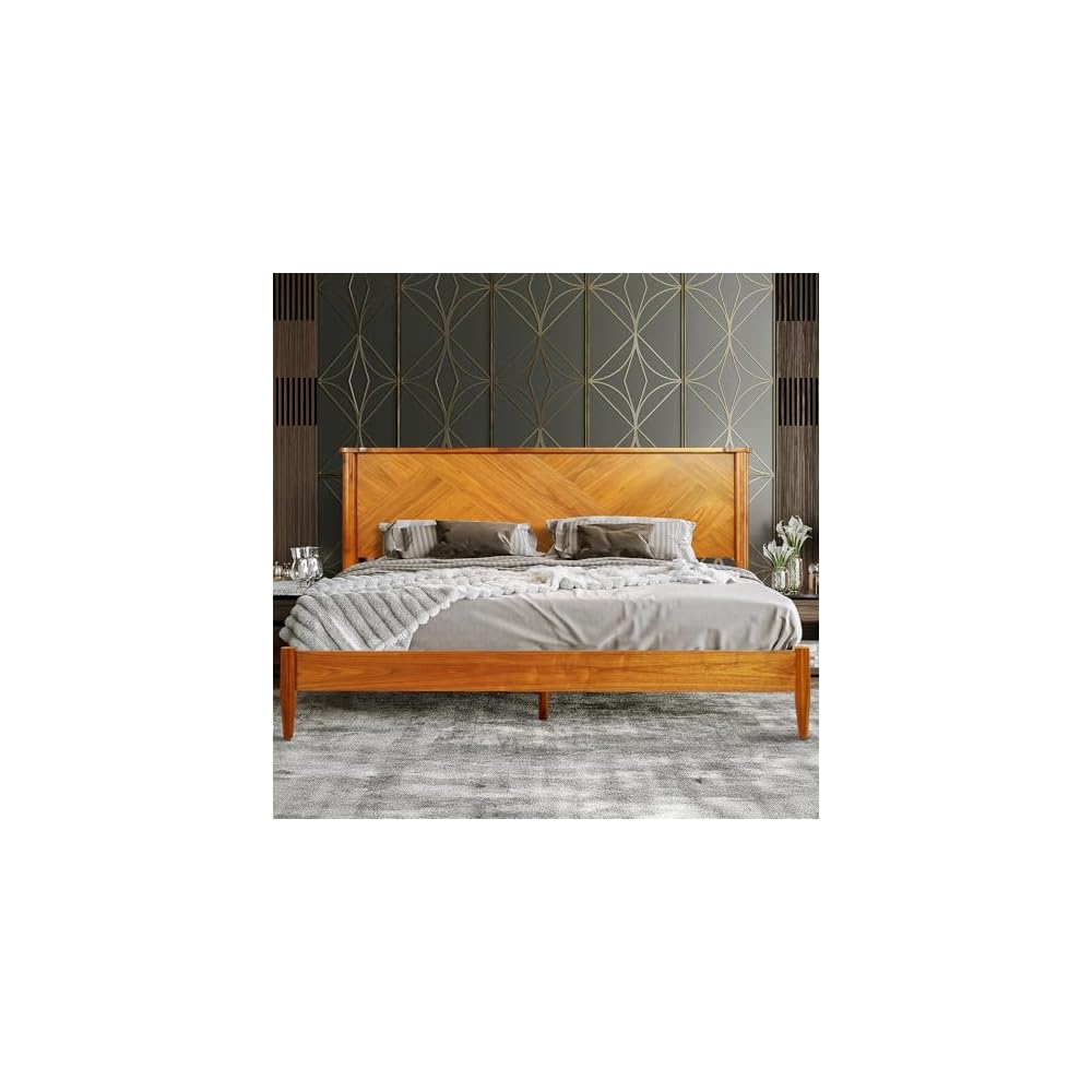 Panthera Bed Frame with Artistic High Headboard Solid Wood Platform Bed 800lbs Capacity, Premium Natural Wood Bed Support All Mattresses, Noiseless Slats Support, King Bed Frame, Caramel