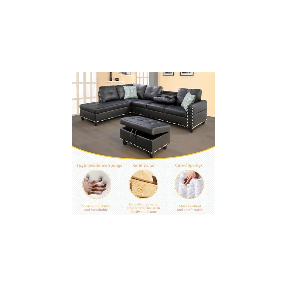 3-Piece Faux Leather Sectional Sofa, Button Tufted Upholstered L-Shape Black Couch with Chaise Lounge and Storage Ottoman, Living Room Furniture Sets w/Foldable Console & Cup Holder