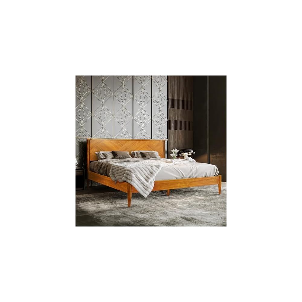 Panthera Bed Frame with Artistic High Headboard Solid Wood Platform Bed 800lbs Capacity, Premium Natural Wood Bed Support All Mattresses, Noiseless Slats Support, King Bed Frame, Caramel