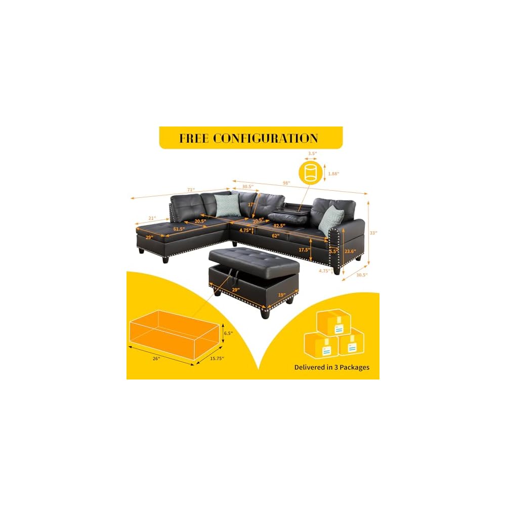 3-Piece Faux Leather Sectional Sofa, Button Tufted Upholstered L-Shape Black Couch with Chaise Lounge and Storage Ottoman, Living Room Furniture Sets w/Foldable Console & Cup Holder
