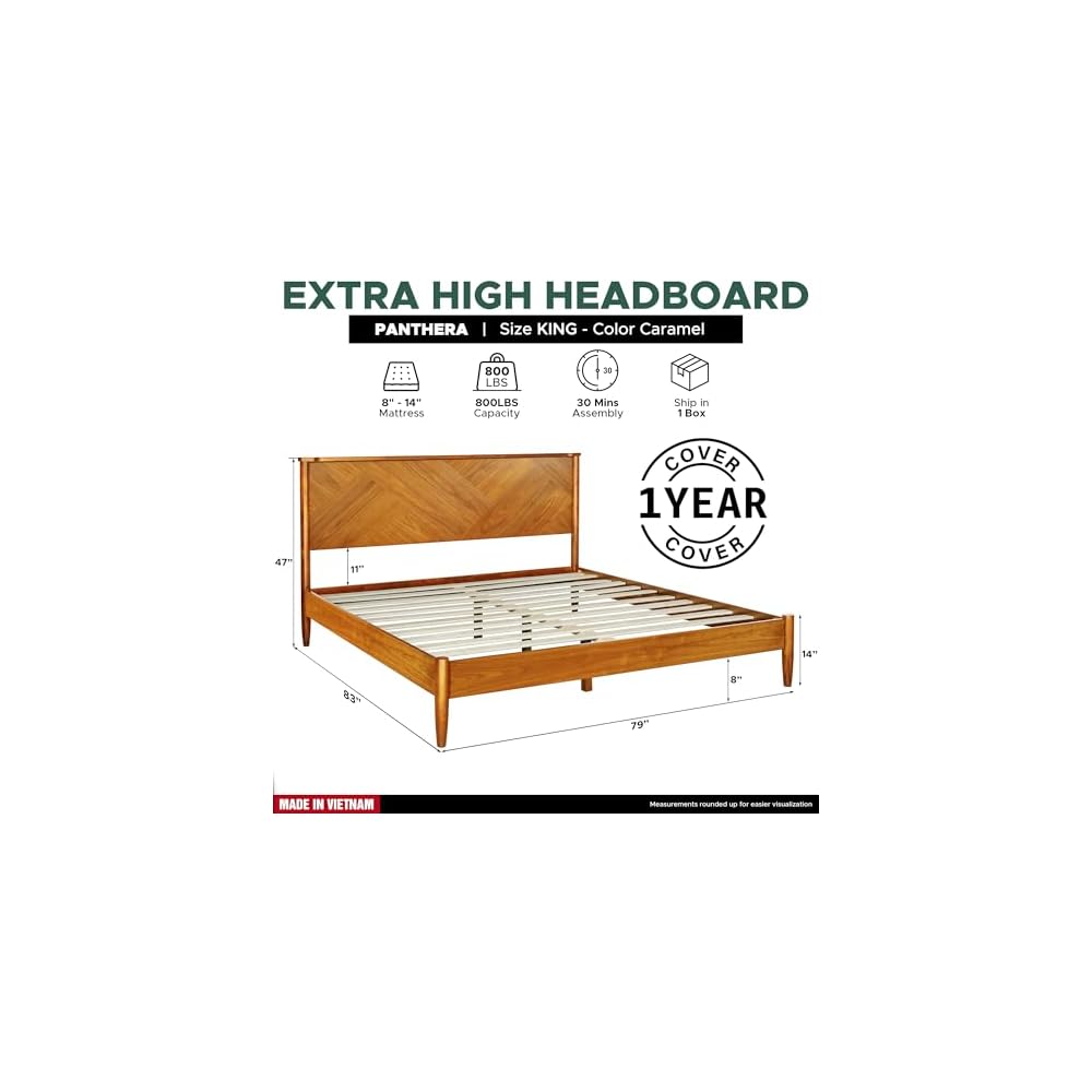 Panthera Bed Frame with Artistic High Headboard Solid Wood Platform Bed 800lbs Capacity, Premium Natural Wood Bed Support All Mattresses, Noiseless Slats Support, King Bed Frame, Caramel