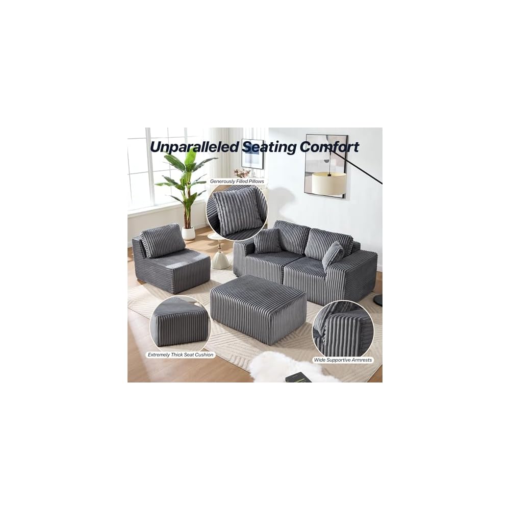 101.5'' Modular Sectional Sofa, Cloud Sectional Couch with Deep Seat, Comfy Fluffy L Shaped Couches, Memory Foam Sofa with 1 Ottoman, Corduroy Boneless Couch, No Assembly Required, Dark Gray