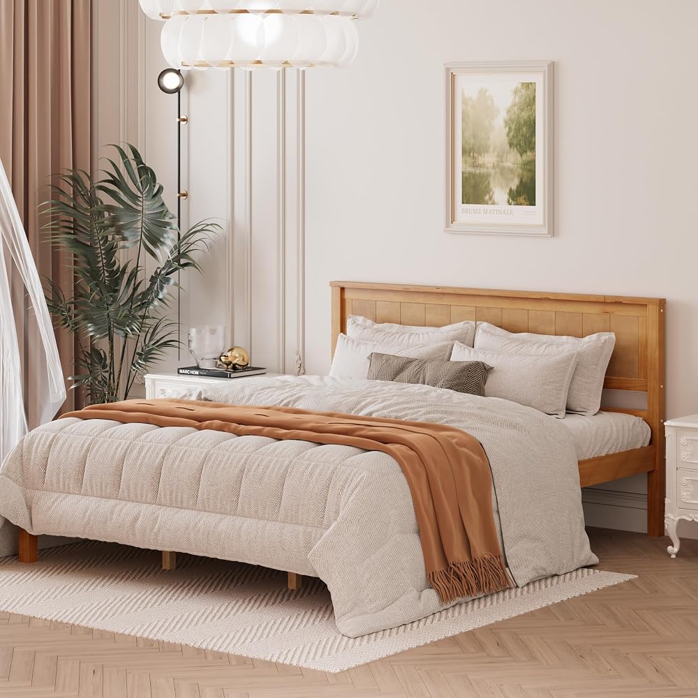 Queen Size Solid Wood Platform Bed Frame,Oak Color Pine Bed with Slatted Panel Headboard, Sturdy Wood Slat Support, Noise-Free, No Box Spring Required for Guest Room Kids Bedroom