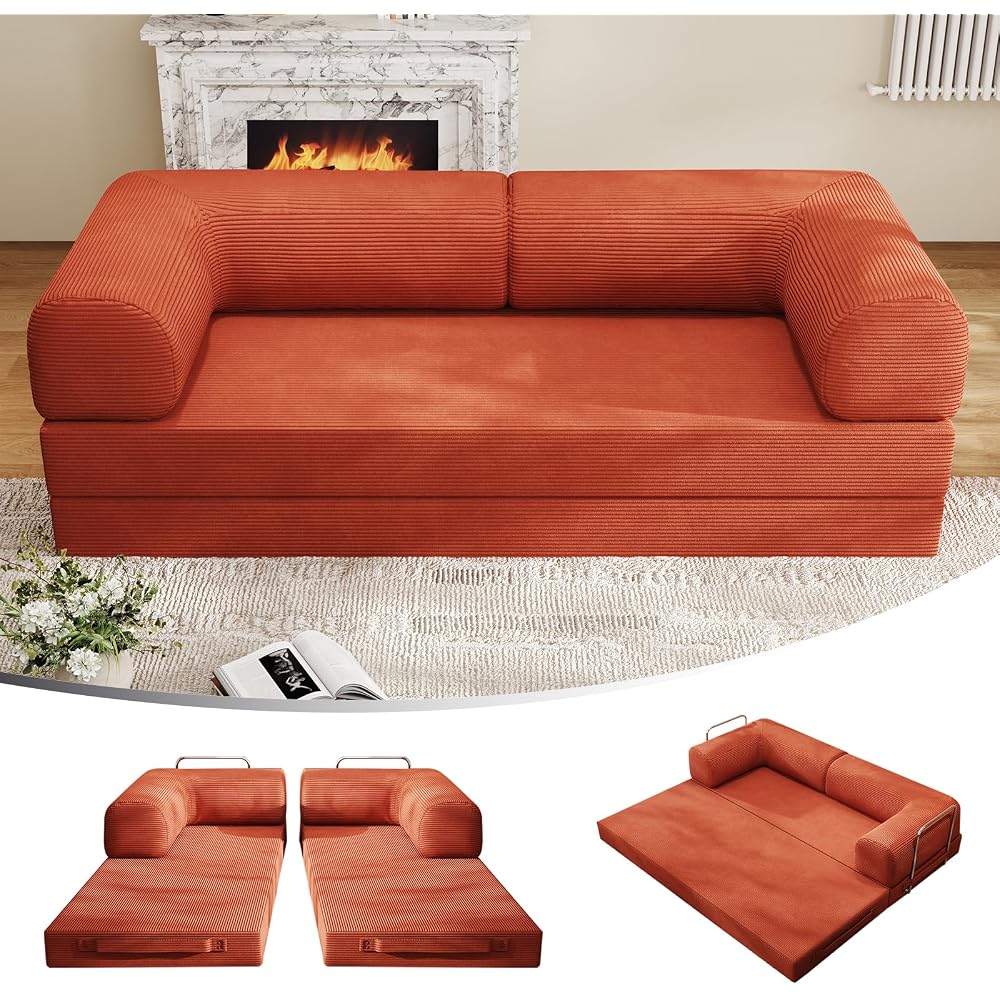 Folding Sofa Bed, Convertible Sleeper Couch, 78 Inch Oversized Corduroy Upholstered Boneless Couch, Loveseat Sleeper with Pull Out Bed, Floor Sofa Modular Futon Couch for Living Room Bedroom