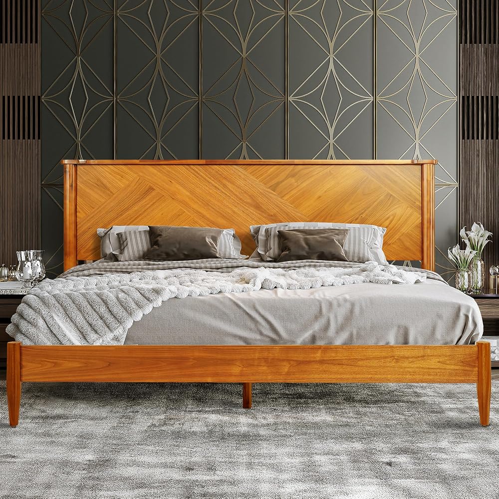 Panthera Bed Frame with Artistic High Headboard Solid Wood Platform Bed 800lbs Capacity, Premium Natural Wood Bed Support All Mattresses, Noiseless Slats Support, King Bed Frame, Caramel